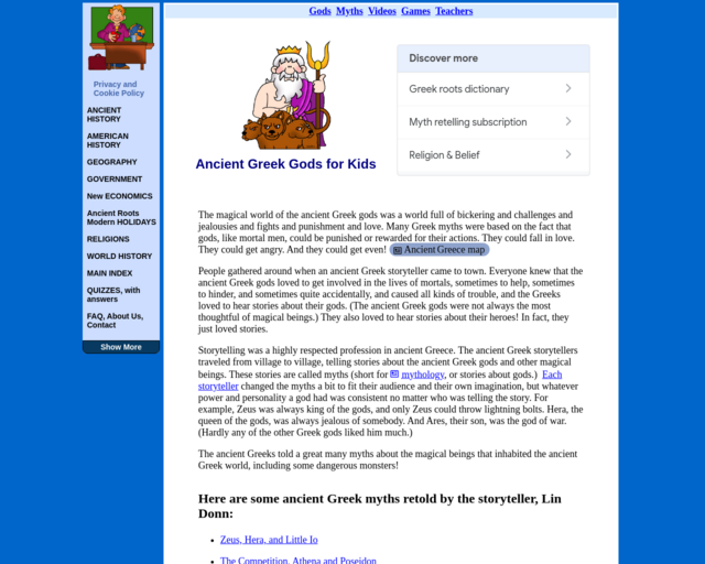 Screenshot of the Mr. Donn's Ancient Greek Gods for Kids website