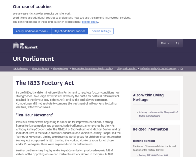 Screenshot of the The 1833 Factory Act website