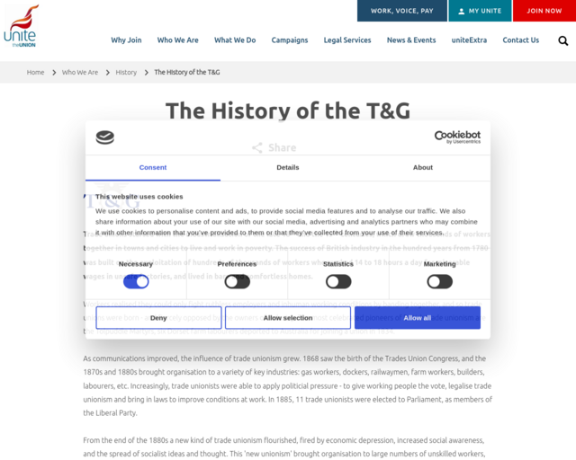 Screenshot of the The History of the T&G website