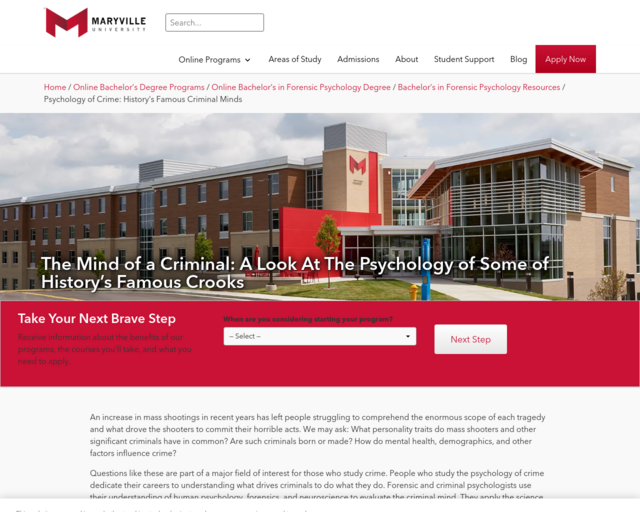 Screenshot of the Maryville University: The Mind of a Criminal website