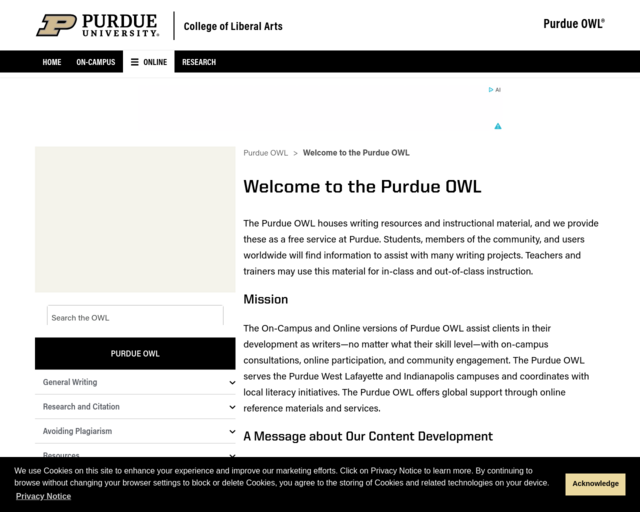 Screenshot of the Purdue OWL (Online Writing Lab) website