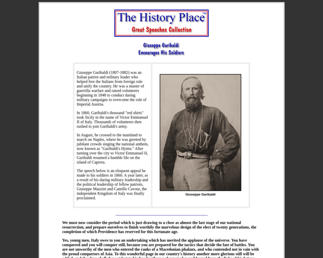 Screenshot of the Giuseppe Garibaldi Encourages His Soldiers website