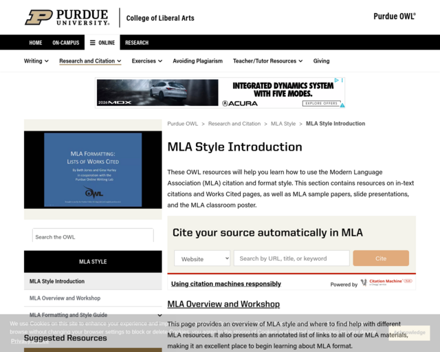 Screenshot of the MLA Guide by OWL Purdue website