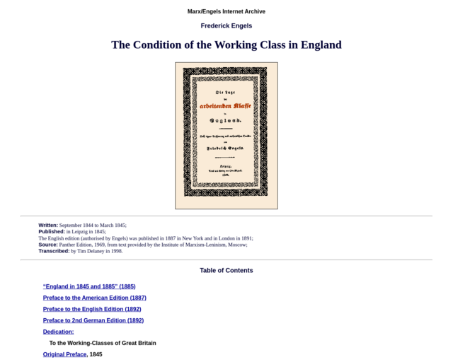 Screenshot of the Condition of the Working Class in England -- digital access website