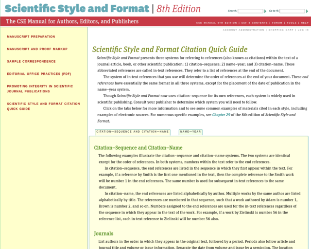 Screenshot of the Scientific Style and Format 8th edition: The CSE Manual for authors, editors and publishers website