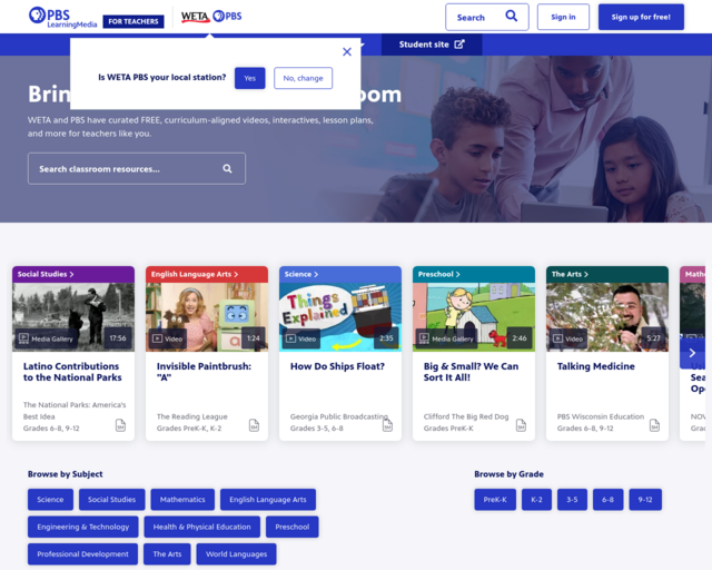 Screenshot of the PBS Learning Media website