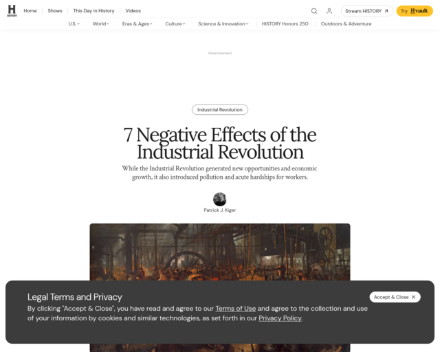 Screenshot of the 7 Negative Effects of the Industrial Revolution website