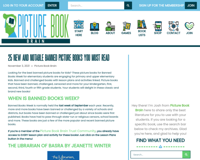 Screenshot of the Frequently Challenged and Banned Picture Books website