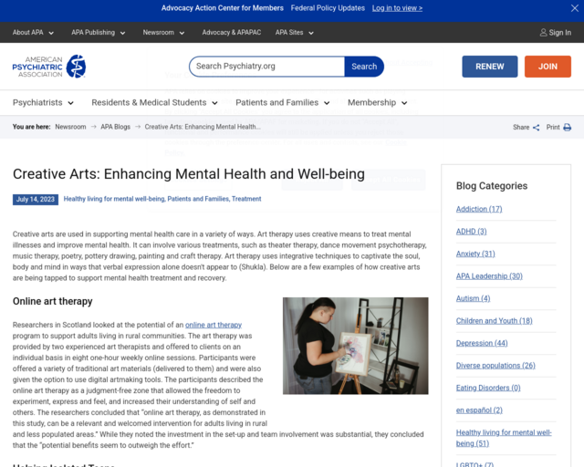 Screenshot of the Creative Arts & Mental Health website