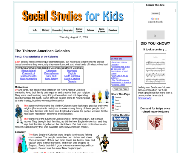 Screenshot of the Social Studies for Kids: The Thirteen American Colonies website