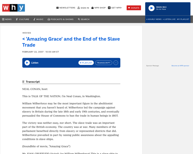 Screenshot of the 'Amazing Grace' and the End of the Slave Trade website