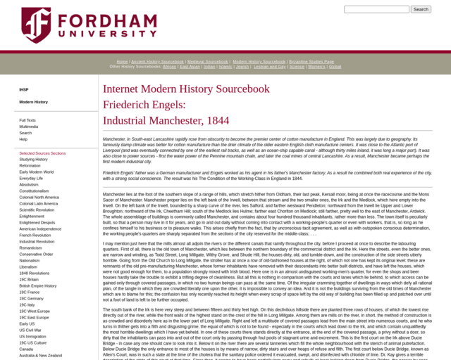 Screenshot of the Modern History Sourcebook: Friederich Engels: Industrial Manchester, 1844 website