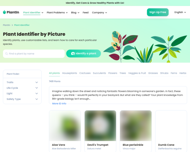 Screenshot of the Plant Identifier -- houseplants, succulents, flowers, fruits & vegetables, herbs, and more website