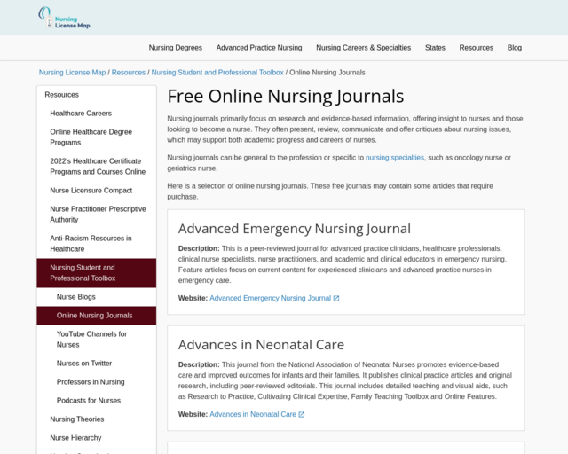 Screenshot of the Nursing License Map: Free Online Nursing Journals website