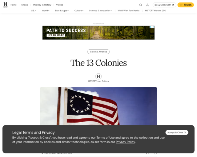 Screenshot of the History: 13 Colonies - Facts website
