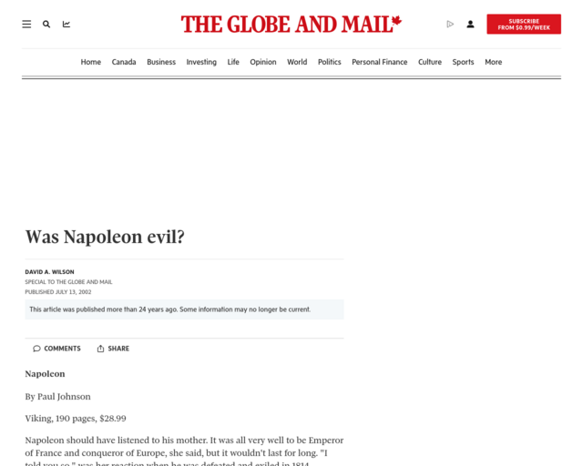 Screenshot of the Was Napoleon evil? website