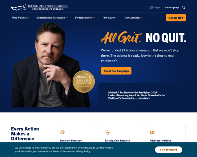 Screenshot of the Michael J. Fox Foundation - Parkinson's Research website