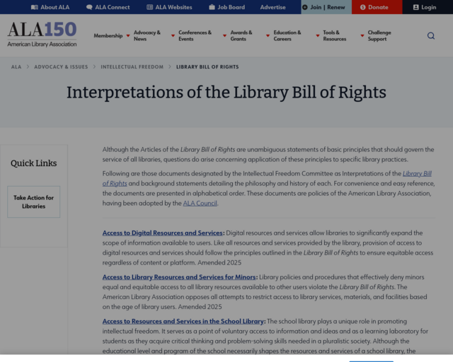 Screenshot of the Library Bill of Rights website