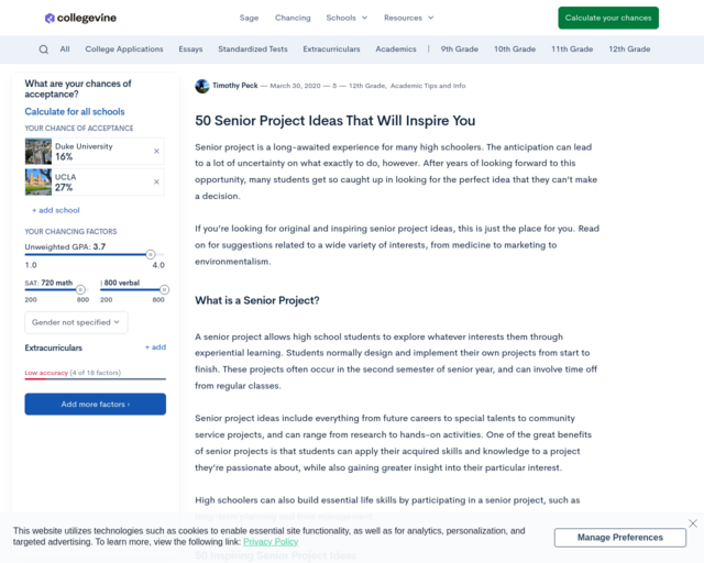 Screenshot of the 50 Senior Project Ideas that will Inspire you website