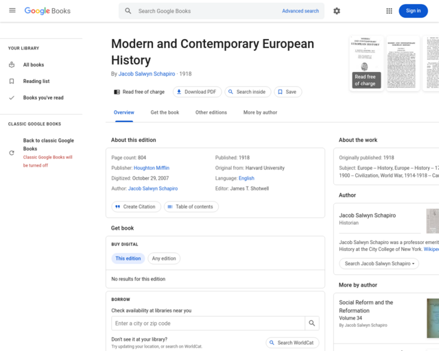 Screenshot of the Modern and Contemporary European History (book) website